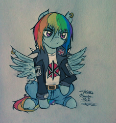 Size: 1892x1992 | Tagged: safe, artist:walliscolours, artist:willisninety-six, imported from derpibooru, rainbow dash, black flag, clothes, dead kennedys, ear piercing, earring, female, jewelry, minor threat, patch, piercing, punk, punk rock in the comments, rebel, solo, traditional art, union jack, wing piercing