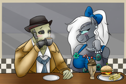 Size: 1080x720 | Tagged: safe, artist:deltafairy, imported from derpibooru, oc, oc only, oc:beta beats, anthro, original species, robot, robot pony, anthro oc, canon x oc, commission, date, date night, digital art, diner, dinner, fallout, fallout 4, female, finished commission, food, male, nick valentine, shipping