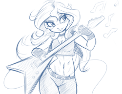 Size: 1280x989 | Tagged: safe, artist:ambris, imported from derpibooru, sunset shimmer, equestria girls, belly button, electric guitar, female, flying v, guitar, midriff, monochrome, musical instrument, sketch, solo, sunset shredder