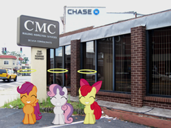 Size: 1600x1200 | Tagged: safe, artist:quantumpotato, imported from derpibooru, apple bloom, scootaloo, sweetie belle, pony, bank, cutie mark crusaders, halo, irl, namesake, office building, photo, ponies in real life, pun, stop light, this will end in tears, this will end in tears and/or death and/or covered in tree sap, vector, visual pun