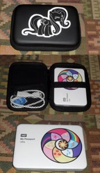 Size: 3350x5830 | Tagged: safe, imported from derpibooru, applejack, fluttershy, pinkie pie, rainbow dash, rarity, twilight sparkle, black and white, color, custom, customized toy, cutie mark, grayscale, hdd, irl, logo, mane six, monochrome, photo, sticker, toy, western digital, yay