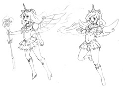 Size: 960x678 | Tagged: safe, artist:mofu-chan, imported from derpibooru, princess celestia, princess luna, human, belly button, boots, clothes, crossover, eared humanization, grayscale, high heel boots, high heels, horned humanization, humanized, lineart, midriff, monochrome, pleated skirt, sailor moon, sailor scout, skirt, traditional art, winged humanization