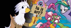 Size: 1600x625 | Tagged: safe, artist:jay fosgitt, idw, imported from derpibooru, cheerilee, cherry blossom (idw), pinkie pie, princess celestia, oc, oc:silver quill, equestria daily, cherry blossom (g4), clickbait, comic drama, fosgitt drama, idw drama, sign, wrestling