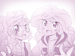 Size: 1280x960 | Tagged: safe, artist:thegreatrouge, imported from derpibooru, sci-twi, sunset shimmer, twilight sparkle, equestria girls, legend of everfree, alternate universe, blushing, camp everfree, cap, cute, female, hat, lesbian, monochrome, scitwishimmer, shimmerbetes, shipping, sunsetsparkle, twiabetes, undertale