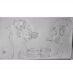Size: 1512x1512 | Tagged: safe, artist:scientsit, imported from derpibooru, oc, oc only, oc:aryanne, earth pony, pony, unicorn, alcohol, beer, black and white, bread, doodle, drinking, food, german, glass, grayscale, happy, hat, monochrome, photo, toast, traditional art