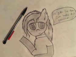 Size: 4032x3024 | Tagged: safe, artist:thepeacepon3, imported from derpibooru, oc, oc only, oc:aryanne, black and white, clothes, collar, german, grayscale, monochrome, pencil, photo, piercing, smiling, socks, solo, speech bubble, talking, traditional art