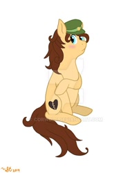 Size: 600x786 | Tagged: safe, artist:corwolf, imported from derpibooru, oc, oc only, oc:heartbreak, earth pony, pony, blushing, branding, cyan eyes, female, hat, heart, human in equestria, human to pony, male to female, mare, messy mane, my little heartbreak, rubbing, rule 63, sitting, solo, watermark