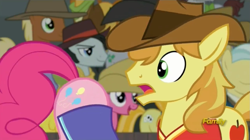 Size: 1277x713 | Tagged: safe, deleted from derpibooru, imported from derpibooru, screencap, braeburn, cherry berry, lucky clover, meadow song, pinkie pie, pony, buckball season, context is for the weak, discovery family logo, eyes on the prize, female, mare, out of context, plot, you know for kids