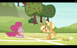 Size: 1280x800 | Tagged: safe, imported from derpibooru, screencap, applejack, pinkie pie, pony, buckball season, active stretch, bottomless, clothes, discovery family logo, flexible, partial nudity, pinktails pie