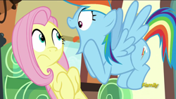 Size: 1280x720 | Tagged: safe, imported from derpibooru, screencap, fluttershy, rainbow dash, pony, buckball season, discovery family logo, great moments in animation, out of context