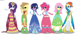 Size: 5240x2405 | Tagged: safe, artist:asika-aida, imported from derpibooru, applejack, fluttershy, pinkie pie, rainbow dash, rarity, twilight sparkle, equestria girls, the best night ever, clothes, cowboy hat, dress, equestria girls interpretation, female, gala dress, hat, humane six, mane six, scene interpretation, simple background, stetson, transparent background, vector