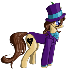 Size: 813x859 | Tagged: safe, artist:zero-j, imported from derpibooru, oc, oc only, oc:heartbreak, earth pony, pony, blue eyes, branding, clothes, female, frock coat, hat, heart, human in equestria, human to pony, mad hatter, mad hatter hat, male to female, mare, messy mane, my little heartbreak, rule 63, solo, suit