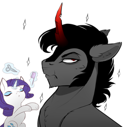 Size: 2000x2000 | Tagged: safe, artist:evehly, imported from derpibooru, king sombra, rarity, alternate hairstyle, annoyed, comb, duo, eyes closed, fabulous, magic, red eyes, scissors, short hair, unamused, underhoof