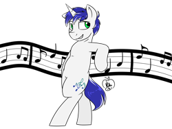 Size: 1280x960 | Tagged: safe, artist:notenoughapples, imported from derpibooru, oc, oc only, oc:vocal score, pony, bipedal, bipedal leaning, music, music notes, simple background, solo, transparent background