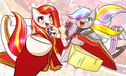 Size: 1280x774 | Tagged: safe, artist:phoenixperegrine, imported from derpibooru, oc, oc only, oc:poniko, oc:rokuchan, blushing, clothes, happy, japan ponycon, kimono (clothing)