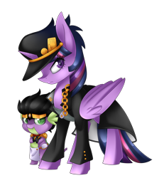 Size: 2450x2651 | Tagged: safe, artist:scarlet-spectrum, imported from derpibooru, spike, twilight sparkle, alicorn, pony, anime, clothes, crossed arms, crossover, duo, fingerless gloves, gloves, gold chains, hat, jojo's bizarre adventure, jotaro kujo, looking at you, simple background, star platinum, the mane is the hat, transparent background, twilight sparkle (alicorn)