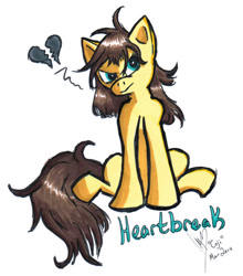 Size: 839x952 | Tagged: safe, artist:cojiro, imported from derpibooru, oc, oc only, oc:heartbreak, earth pony, pony, angry, cyan eyes, female, heart, human in equestria, human to pony, male to female, mare, messy mane, my little heartbreak, rule 63, sitting, solo, traditional art