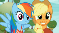 Size: 858x477 | Tagged: safe, imported from derpibooru, screencap, applejack, rainbow dash, pony, buckball season, ball, clothes, gif, jersey, non-animated gif, smiling