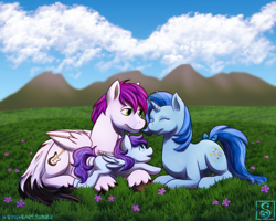 Size: 1024x819 | Tagged: safe, artist:shrineheart, imported from derpibooru, oc, oc only, oc:fishie wishes, oc:reverb skyriff, pegasus, pony, unicorn, couple, cute, family, female, filly, foal