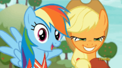 Size: 858x477 | Tagged: safe, imported from derpibooru, screencap, applejack, rainbow dash, pony, buckball season, ball, clothes, faic, gif, jersey, non-animated gif, smiling