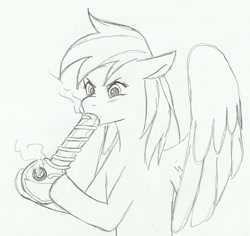 Size: 920x868 | Tagged: safe, artist:katkathasahathat, derpibooru exclusive, imported from derpibooru, rainbow dash, pegasus, pony, bong, drugs, female, mare, marijuana, monochrome, not porn, rainbow hash, smoking, traditional art, wings