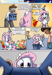 Size: 1280x1853 | Tagged: safe, artist:shieltar, imported from derpibooru, philomena, princess celestia, oc, oc:big mark, oc:grace harmony, oc:professor harmony, oc:sweetie pie, human, phoenix, comic:birth of equestria, cewestia, clothes, comic, cute, dialogue, female, filly, funny background event, hug, kissing, male, midriff, pink-mane celestia, shipping, shorts, socks, speech bubble, straight, striped socks, tanktop, winghug