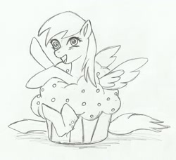 Size: 1481x1350 | Tagged: safe, artist:katkathasahathat, imported from derpibooru, derpy hooves, pegasus, pony, cute, engulfed, female, food, inside, mare, monochrome, muffin, pencil drawing, solo, traditional art