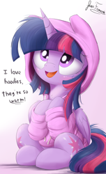 Size: 1500x2475 | Tagged: safe, artist:bugplayer, imported from derpibooru, twilight sparkle, alicorn, pony, blushing, both cutie marks, bugplayer is trying to murder us, clothes, cute, dialogue, female, hoodie, looking up, mare, open mouth, signature, sitting, smiling, solo, twiabetes, twilight sparkle (alicorn)