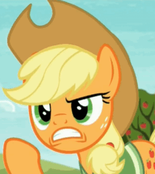 Size: 425x475 | Tagged: safe, imported from derpibooru, screencap, applejack, earth pony, pony, buckball season, angry, applejack's hat, cowboy hat, cropped, female, gif, hat, mare, non-animated gif, raised hoof, reaction image, solo, stetson