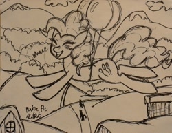 Size: 2090x1617 | Tagged: safe, artist:katkathasahathat, imported from derpibooru, pinkie pie, earth pony, pony, balloon, blushing, eyes closed, female, floating, flying, monochrome, ponyville, smiling, solo, then watch her balloons lift her up to the sky, traditional art
