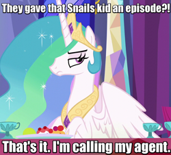 Size: 796x720 | Tagged: safe, edit, edited screencap, imported from derpibooru, screencap, princess celestia, buckball season, no second prances, annoyed, caption, celestia is not amused, discussion in the comments, female, image macro, meme, solo