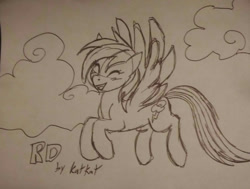 Size: 540x408 | Tagged: safe, artist:katkathasahathat, imported from derpibooru, rainbow dash, cloud, eyes closed, female, flying, monochrome, pencil drawing, solo, traditional art