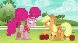 Size: 720x400 | Tagged: safe, edit, edited screencap, imported from derpibooru, screencap, applejack, pinkie pie, earth pony, pony, buckball season, season 6, animated, bottomless, buckball, clothes, extreme speed animation, female, gif, it keeps happening, loop, partial nudity, pinktails pie