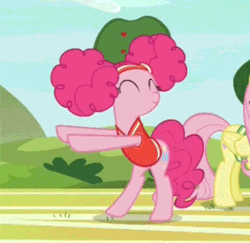 Size: 350x340 | Tagged: safe, imported from derpibooru, screencap, fluttershy, pinkie pie, pegasus, pony, buckball season, alternate hairstyle, animated, bipedal, clothes, cropped, cute, dancing, diapinkes, eyes closed, female, gif, pinkie puffs, pinktails pie, smiling, solo focus