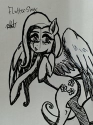 Size: 1427x1923 | Tagged: safe, artist:katkathasahathat, imported from derpibooru, fluttershy, cute, female, monochrome, solo, traditional art