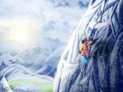 Size: 2000x1500 | Tagged: safe, artist:misiekpl, imported from derpibooru, oc, oc only, blizzard, climbing, crystal empire, harness, mount everhoof, mountain, rope, signature, snow, snowfall