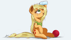 Size: 2000x1125 | Tagged: safe, artist:ncmares, imported from derpibooru, applejack, earth pony, pony, buckball season, aftermath, ball, clothes, cute, female, loose hair, mare, newbie artist training grounds, one eye closed, open mouth, sitting, solo, water, water bottle, wet mane