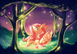 Size: 712x500 | Tagged: safe, artist:ectopi, artist:ghostportals, imported from derpibooru, fluttershy, firefly (insect), female, forest, night, prone, solo, tree