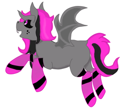 Size: 614x550 | Tagged: safe, artist:ventorian, imported from derpibooru, oc, oc only, oc:regio, bat pony, pony, black sclera, clothes, fangs, female, freckles, horns, looking up, mare, open mouth, simple background, smiling, socks, solo, spread wings, striped socks, white background