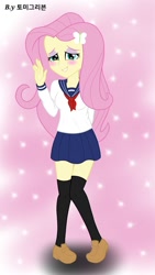 Size: 1024x1820 | Tagged: safe, artist:tommygeruibeun, imported from derpibooru, fluttershy, equestria girls, blushing, clothes, female, leather shoes, miniskirt, school uniform, schoolgirl, skirt, smiling, socks, solo, stockings, thigh highs, thigh socks