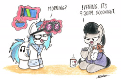 Size: 2025x1335 | Tagged: safe, artist:bobthedalek, imported from derpibooru, dj pon-3, octavia melody, vinyl scratch, earth pony, pony, unicorn, bathrobe, bed mane, cereal, clothes, food, robe, sleep mask, teddy bear, tired, traditional art, watch