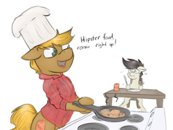 Size: 1280x965 | Tagged: safe, artist:marsminer, imported from derpibooru, oc, oc only, oc:keith, oc:mox, chef's hat, clothes, cooking, dialogue, flannel, food, fork, hat, knife, moxie soda, scared, skillet, table, worried