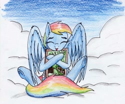 Size: 2392x2003 | Tagged: safe, artist:40kponyguy, derpibooru exclusive, imported from derpibooru, rainbow dash, 30 minute art challenge, book, cloud, eyes closed, female, laughing, solo, spread wings, traditional art, underhoof