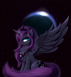 Size: 3219x3490 | Tagged: safe, artist:rameslack, imported from derpibooru, princess luna, chest fluff, female, planet, solo, space, spread wings, stars