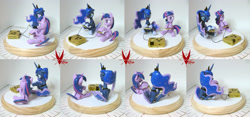 Size: 3386x1582 | Tagged: safe, artist:viistar, imported from derpibooru, princess luna, twilight sparkle, alicorn, pony, controller, craft, floppy ears, game console, grin, nintendo, nintendo entertainment system, open mouth, sculpture, sitting, smiling, the legend of zelda, traditional art, triforce, twilight sparkle (alicorn)