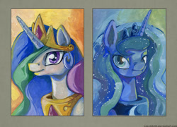 Size: 1392x1000 | Tagged: safe, artist:lexx2dot0, imported from derpibooru, princess celestia, princess luna, bust, gouache, portrait, royal sisters, traditional art