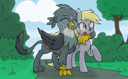 Size: 3235x2000 | Tagged: safe, artist:corsairsedge, imported from derpibooru, derpy hooves, gabby, griffon, pegasus, pony, arm around neck, cute, derpabetes, female, friendshipping, gabbybetes, grin, hug, mail, mailmare, mare, nose wrinkle, raised hoof, saddle bag, side hug, smiling, tongue out