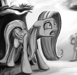 Size: 860x840 | Tagged: safe, artist:ponsce, imported from derpibooru, fluttershy, crying, ears back, floppy ears, folded wings, grayscale, looking at something, monochrome, open mouth, scared, standing