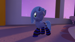 Size: 1920x1080 | Tagged: safe, artist:christian69229, imported from derpibooru, princess luna, 3d, clothes, female, filly, one eye closed, socks, solo, source filmmaker, striped socks, wink, woona, younger