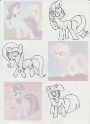 Size: 1702x2339 | Tagged: safe, artist:lazy-turtle, imported from derpibooru, fluttershy, rarity, twilight sparkle, dragonshy, anatomy, drawing, sketch, sketch dump, study, traditional art